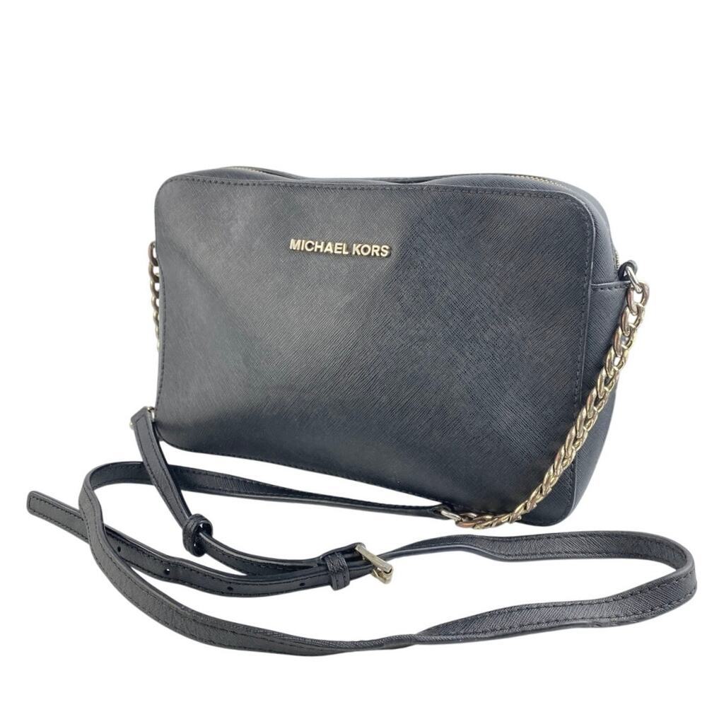 Michael Kors Jet Set Black Zip Leather Logo Chain Zip Crossbody Handbag OS